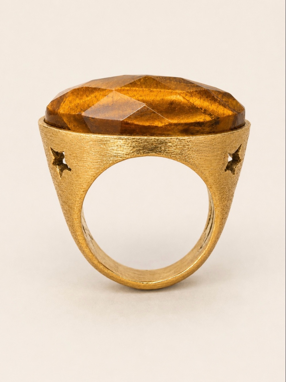 Faceted Tiger Eye Statement Ring Size 6 Brushed Gold Cutout Star Celestial Boho